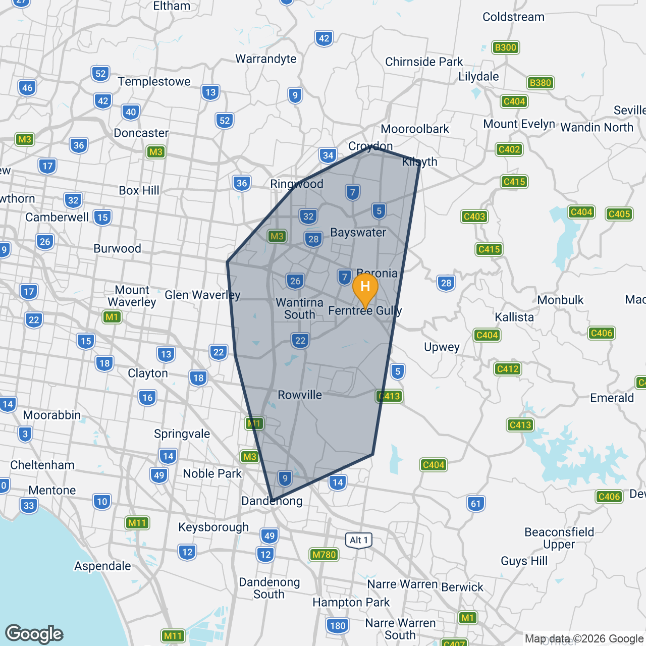 Map of Windscreen Magik's service area around Ferntree Gully